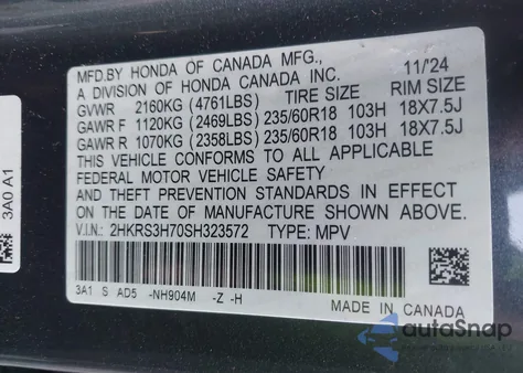 2025 Honda Cr-V Ex-L 2Wd from USA, damaged, VIN 2HKRS3H70SH323572